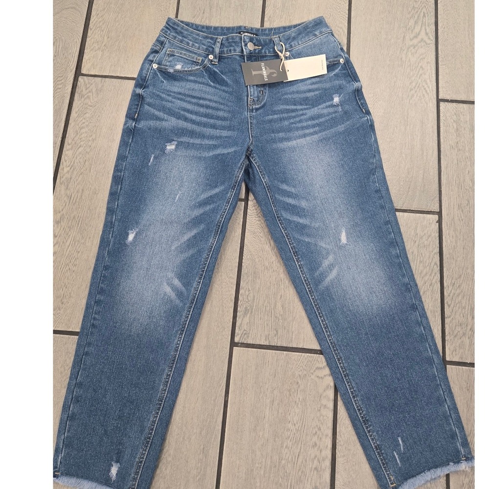 Flamingals Distressed Straight Leg Jeans Medium Wash Frayed Hem Size S 273520 HB